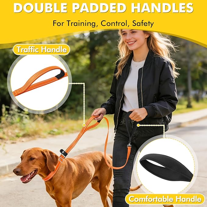 XiaZ 6FT Dog Leash with Comfortable Flat Collar and Soft Padded Handle,Nylon Reflective Double Handle No Pull Leash for Small Medium Large Dogs, Training Walking Running (Orange)