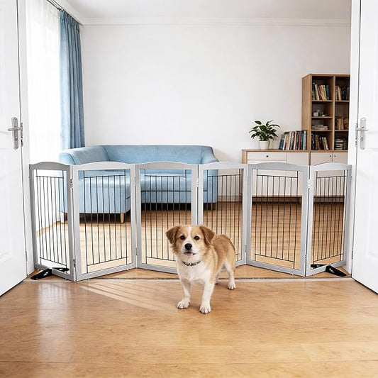 Dog Fence Indoor,Dog Gate Indoor for Doorway pet gate -6-Panel Freestanding, Hallways, House or Stairs -120x32-Inch Retractable Foldable Expandable Wood Pet by SFJC (Grey) ﻿