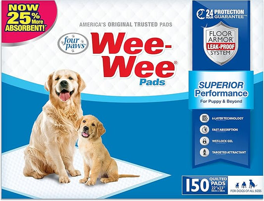 Four Paws Wee-Wee Superior Performance Unscented Pee Pads for Dogs & Puppies, Quilted Leak-Proof Dog Housebreaking Potty Training Floor Protection, 22" x 23", 200 Count