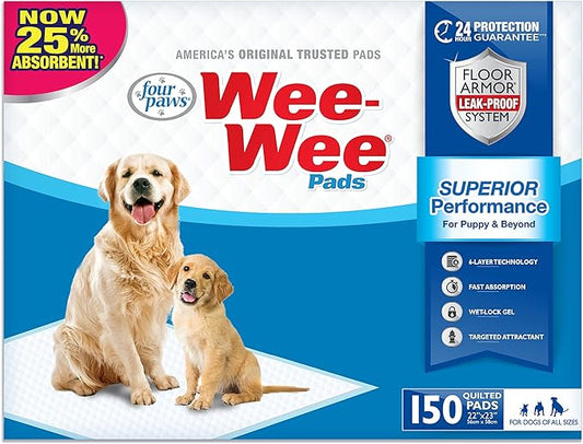Four Paws Wee-Wee Superior Performance Unscented Pee Pads for Dogs & Puppies, Quilted Leak-Proof Dog Housebreaking Potty Training Floor Protection, 22" x 23", 10 Count