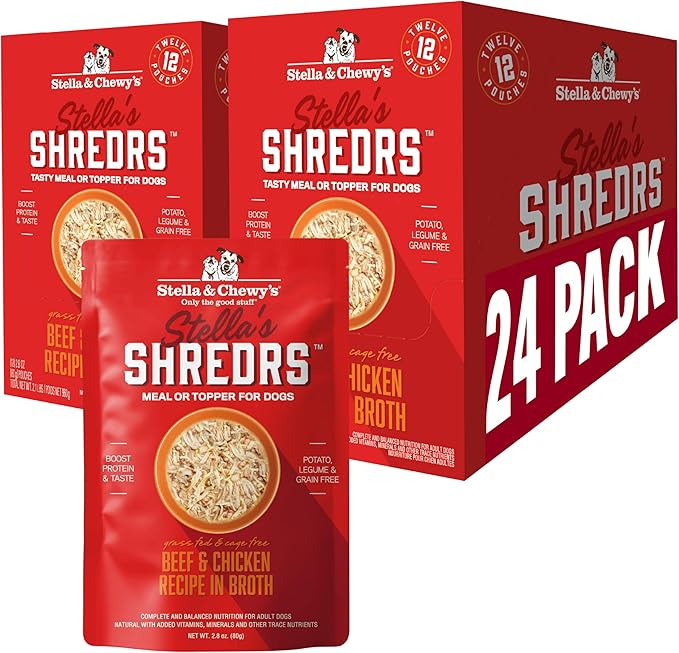 Stella & Chewy's Grass Fed Beef & Chicken Shredrs - Premium Dog Food Pouches - Perfect For Picky Eaters- 24 Pack, 2.8oz Each