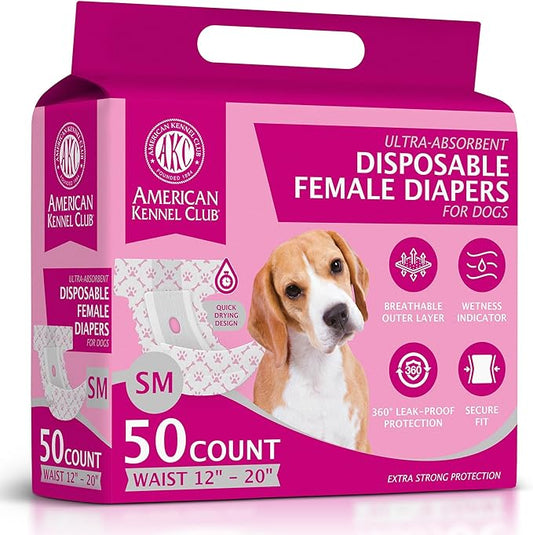 American Kennel Club Female Dog Wrap, Disposable Diapers with Wetness Indicator, Small, 50 Count