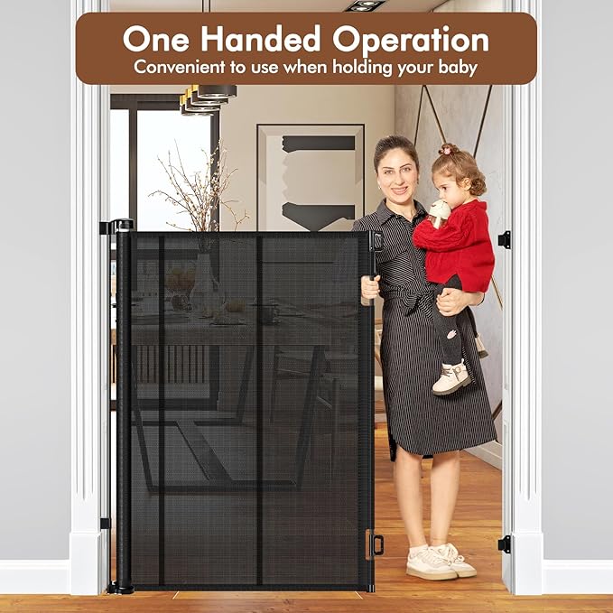 Reinforced 48" Extra Tall X 100" Extra Wide Retractable Baby Gate for Large Openings Extra Tall Dog Gates for Doorways Extra Long Baby Gate Mesh Large Dog Gate Indoor Pet Gate for Cats, Black