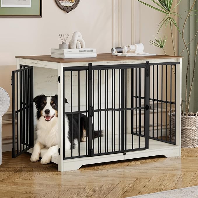 XL Large Dog Crate Furniture, 44.1" Indoor Dog Kennel Furniture with Barn Door, Wooden Tall Dog Crate, Heavy Duty Dog Cage for Large Dogs, Side End Table, Anti-Chew, White Brown DFC80114B