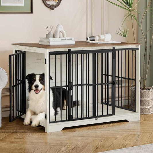 XL Large Dog Crate Furniture, 44.1" Indoor Dog Kennel Furniture with Barn Door, Wooden Tall Dog Crate, Heavy Duty Dog Cage for Large Dogs, Side End Table, Anti-Chew, White Brown DFC80114B