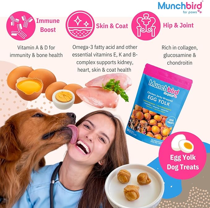 Munchbird Dehydrated Chicken Jerky Wrapped Egg Yolk Dog Treats, high-Protein Dog Food Topper with no fillers. Natural Alternative to Freeze-Dried Quail Egg Yolk. Healthy Dog Treats, 7 oz, 20–30 pcs.