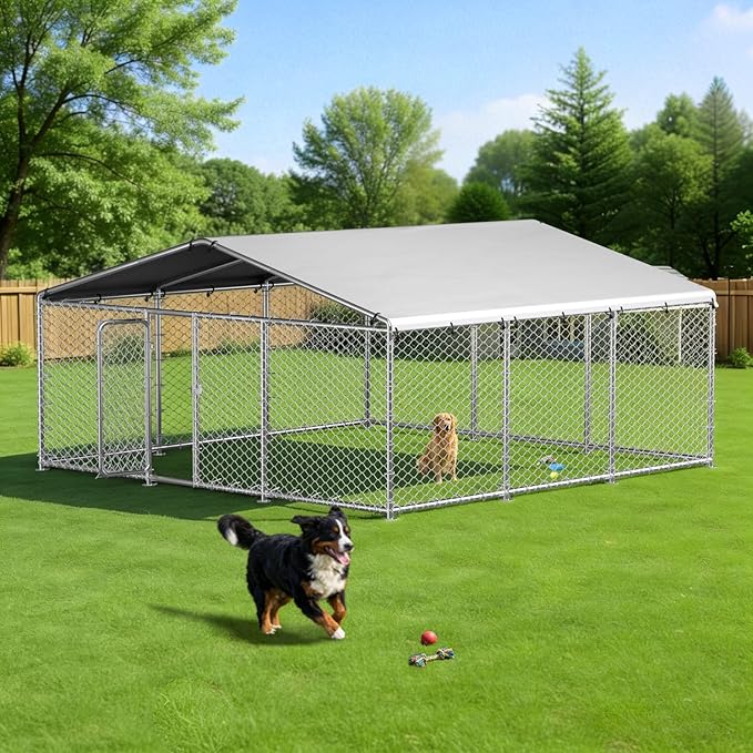 15.3×15.3FT Large Outdoor Dog Kennel, Chain-Link Dog Enclosure with UV-Resistant Waterproof Cover and Secure Lock, Outside Dog Run for Backyards, Farms & Multi-Pet Outdoor Spaces