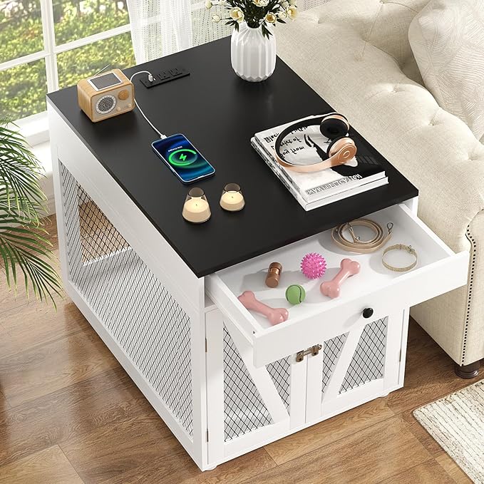 VOWNER Dog Crate Furniture, Wooden Dog Kennel End Table with USB Charging Station, Storage Drawer, Double Latched Door, Furniture-Style Crate Side Table for Medium Dogs Under 40 lbs Indoor Use, White