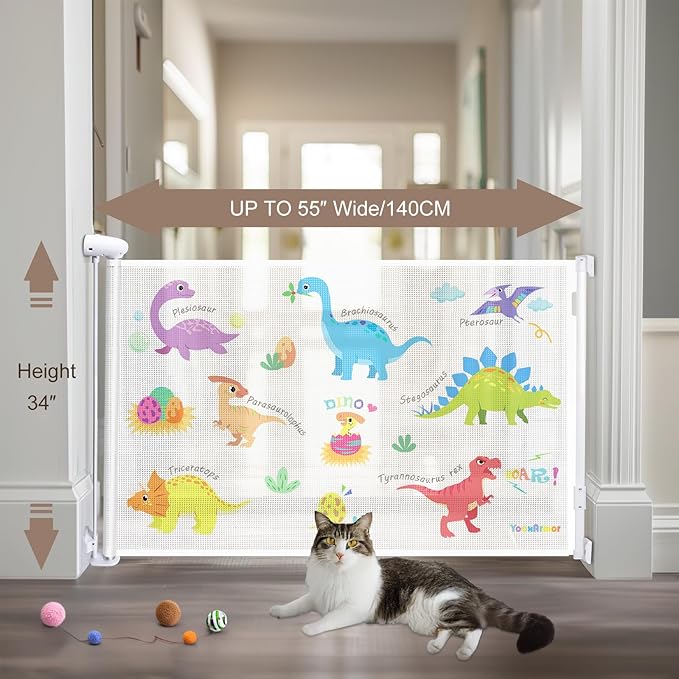 Retractable Baby Gate Kid Safety 34" Tall x 55” Wide, Mesh, for Stairs, Doorways, Dogs, Pets, Indoor, Outdoor, One-Handed Operation, Locking, Easy Install, Hardware Mount, Dinosaurs