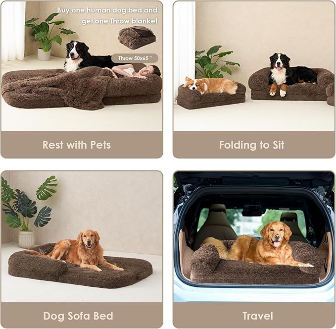 EHEYCIGA Foldable XL Dog Bed, 46"x34"x6.5" Faux Fur Fluffy Pet Couch Bed for Large Dogs, Orthopedic Calming Memory Foam Big Pet Bed, Washable Soft Pet Sofa Bed with Non-Slip Bottom, Brown