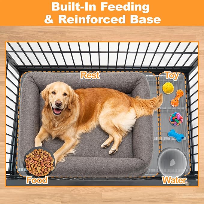 Homey Pet Heavy Duty Dog Crates for Large Dogs, 47 Inch Stackable Large Dog Crate Cage with 4 Wheels, 2 Removable Trays and Grids, 2 Bowls, Multi Locks Strong & Solid Escape Proof Dogs Kennel Indoor
