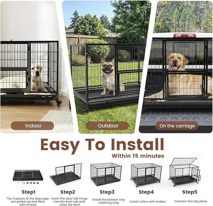Gardner Pet 32 inch Stackable Heavy Duty Dog Crate,Indestructible Escape-Proof Dog Kennel for Small Dogs,High Anxiety Dog Cage with Upgraded Lockable Wheels，Removable Tray & Triple Door,Black