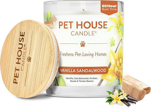 One Fur All Pet House Candle Plant-Based/Soy - Clean Burning Scented, Long Lasting Pet Odor Candle for Home - Vanilla Sandalwood