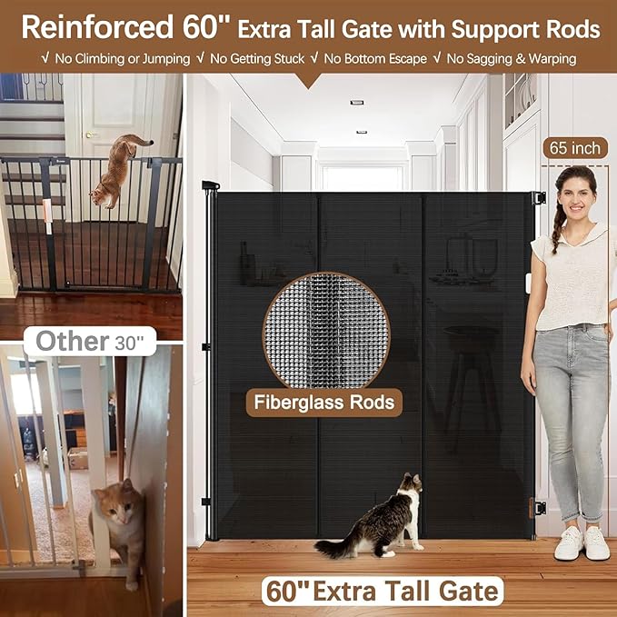 Reinforced 60 Inch Extra Tall Cat Gate Retractable Dog Gate - No Jumping Over/Crawling Under, 55" Wide Retractable Baby Gates for Cats with Reinforced Rods, 5ft Tall Dog Gate Indoor Cat Barrier/Black