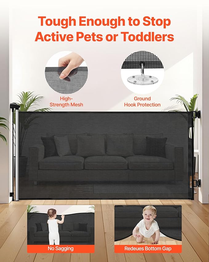 VEVOR Retractable Baby Gate, Extends to 72.8 inch Wide, 38.5 inch Tall, with Security Lock, Easy to Use, Walk Through Without Tripping, Mesh Dog Gate for Stairs, Hallways, Indoor/Outdoor, Black