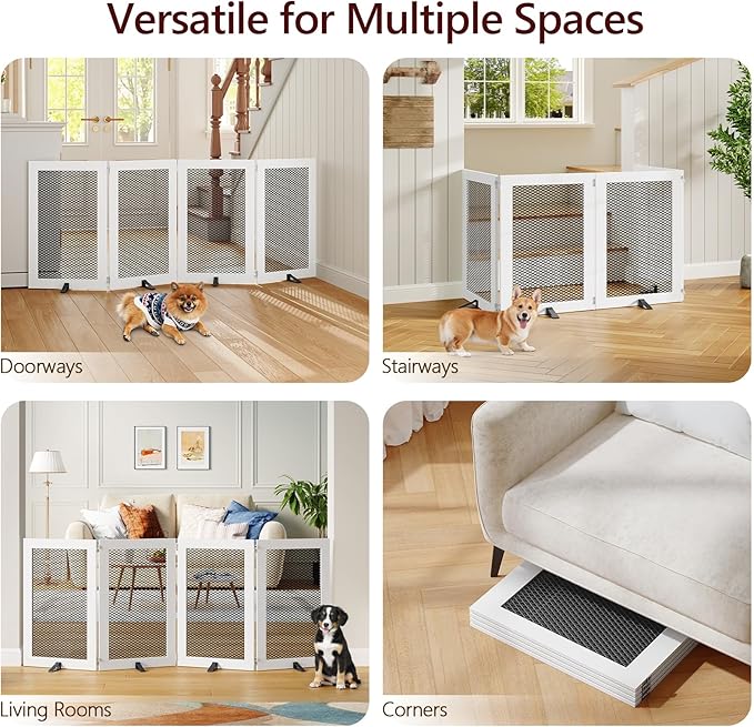 Freestanding Dog Gate Indoor, Foldable Wooden Pet Gate for The House Stairs Doorways, 4 Panels Tall Dog Fence with Support Feet, 79.1"W x 31.5"H, Extra Wide Step Over Fence, White DGHW80201