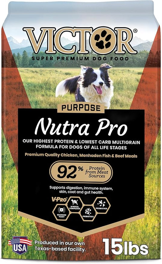 VICTOR Super Premium Dog Food – Purpose Nutra Pro – Gluten-Free, High Protein Low Carb Dry Kibble for Active Dogs of All Ages – Ideal for Sporting, Pregnant or Nursing Dogs & Puppies, 15lbs