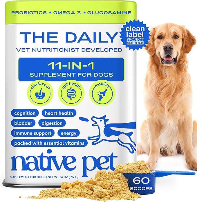 Native Pet The Daily Dog Vitamins & Supplements - 11-in-1 Multivitamin Powder for Dogs - Supports Whole Body Health, Digestion, Mobility & Immunity with Collagen, Glucosamine & Probiotics – 60 Scoops