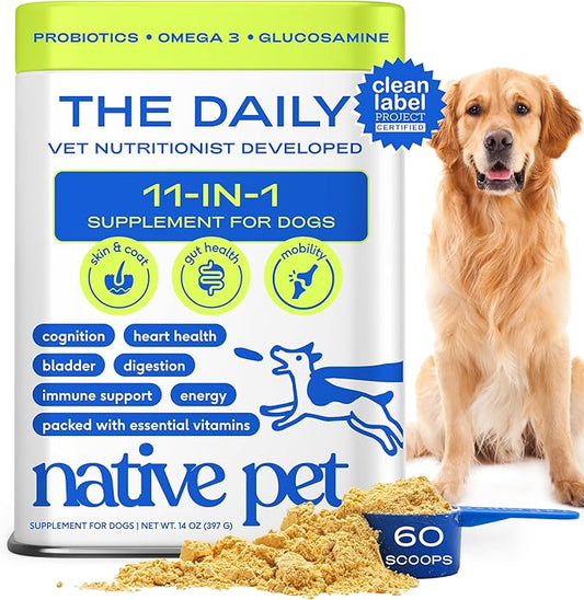 Native Pet The Daily Dog Vitamins & Supplements - 11-in-1 Multivitamin Powder for Dogs - Supports Whole Body Health, Digestion, Mobility & Immunity with Collagen, Glucosamine & Probiotics – 60 Scoops