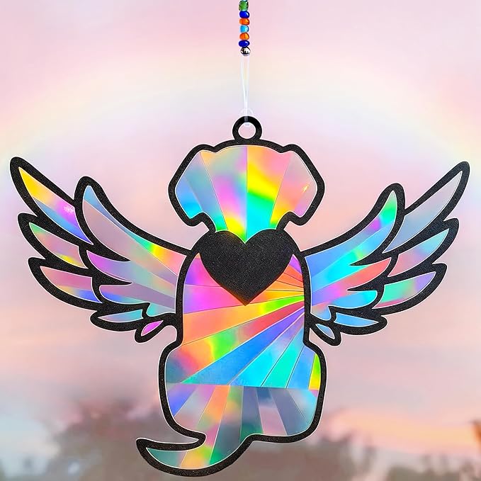 Dog Loss Sympathy Gift with Card, Memorial Gifts for Loss of Dog, Angel Pet Memorial Suncatcher, Rainbow Bridge for Loss - Winged Dog Shape