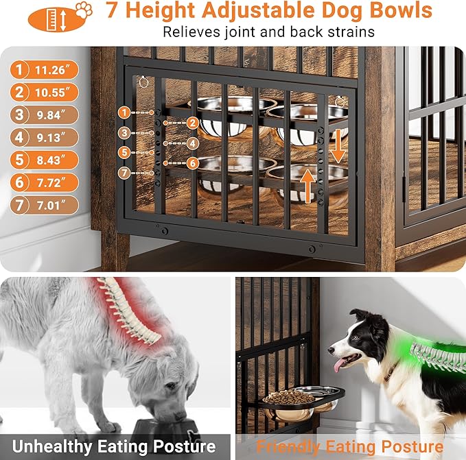 37.7" Dog Crate Furniture, Wooden Dog Kennel Indoor with 360° Rotating Feeder and 2 Adjustable Bowls, Decorative Side End Table Dog Cage for Medium Dogs, Rustic Brown