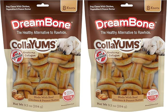 DreamBone CollaYUMS Knots Plus Collagen Chews for Dogs, 8 Count, Treat Your Dog to Rawhide-Free Chews Made with Chicken, Vegetables and Peanut Butter (Pack of 2)