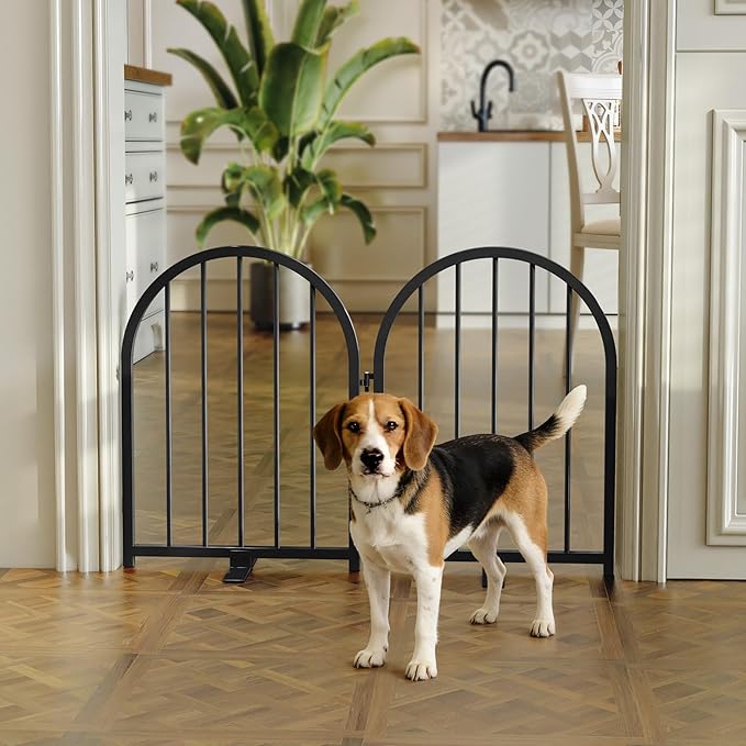 Full Metal Dog Gate for Indoor Outdoor, 24" Tall Free Standing Pet Dog Fence, 36" Wide Arched Pet Gates for Stairs, Hallways, Doorways, Kitchen, Decks, Yards (Black, 2 Panels)