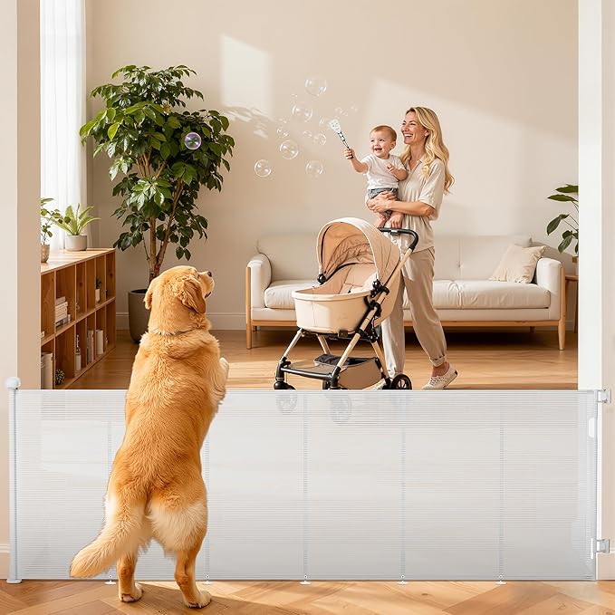 Retractable Baby Gate for Stairs, 42" Tall X 120" Wide Mesh Dog Gate Indoor, Child Gate for Doorways, Hallways, Deck, Indoor Outdoor Pet Baby Safety Essentials for Home, White