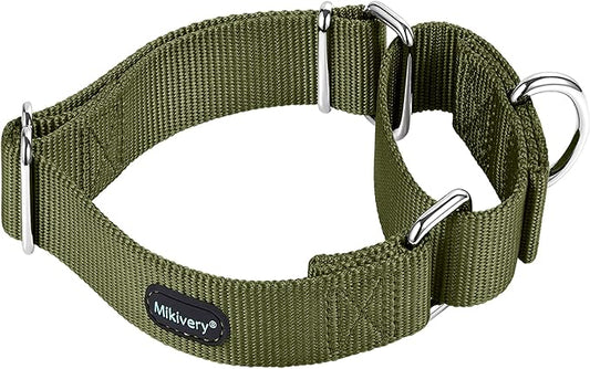 Mikivery Martingale Dog Collar Nylon Adjustable and Safety Training Colourful Comfortable Metal Buckle Pet Collars for Small Medium and Large Dogs(Military Green,L)