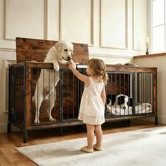 Extra Large 78" XXL Dog Crate Furniture with Removable Divider, 400LB Capacity Heavy Duty Kennel for 1-2 Dogs, Wooden Pet Cage with Flip-Top, Entertainment Center, Dog House TV Stand