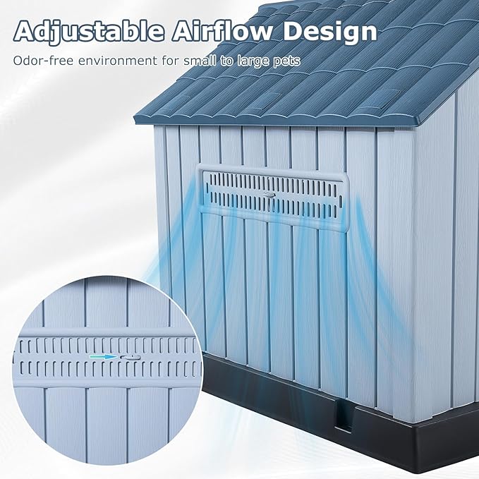 LEMBERI Durable Waterproof Plastic Dog House for Small to Medium Sized Dogs, Indoor Outdoor Doghouse with Air Vents and Elevated Floor, Easy to Assemble (Blue, 33.5" L x 31.5" W x 33.9" H)