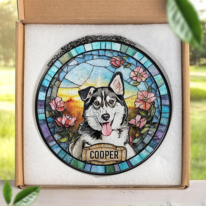 LOVELYPOD Custom Dog Stain Glass Suncatcher, Dog Photo Suncatcher, Pet Portrait Window Hanging, Loss of Dogs Memorial Gifts, Sympathy Gift, Pet Remembrance Gifts