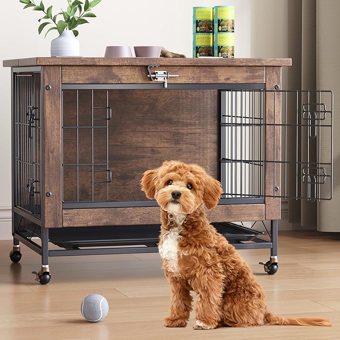 Double-Door Pet Crate Furniture, 26 Inch Indoor Dog House, Heavy Duty Wooden Kennel Side Table with Rustic Brown Finish, Chew-Resistant Dog Cage for Small Medium Dogs, Decorative End Table for Bedroom