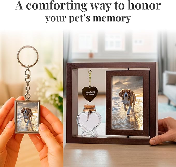 Pet Memorial Frame Set for Loss of Dog or Cat – Dog Memory Frame, Rotating Pet Memorial Photo Frame Shadow Box for Ashes, Cat Shadow Box Memorial, Engraved Charm & Photo Keychain – Pet Remembrance Keepsake