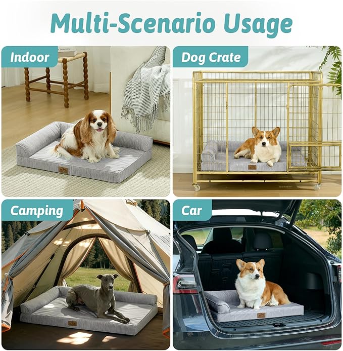 Cooling Dog Bed, Orthopedic Foam Dog Bed with Sides, Removable Cover & Waterproof Lining and Nonskid Bottom, Comfortable Pet Beds for Dogs, Grey (48" L x 32" W x 7.5" Th)