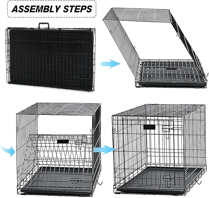 HCY, Dog Crate, Dog Kennel 48 Inch Double Door Metal Crate Foldable Puppy Supplies Cage with Divider Panel, Handle, Plastic Tray for Pet Animals Outdoor Indoor (48 Inch) ,Black, 48In