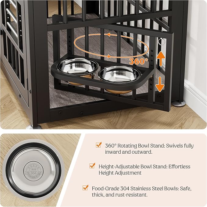 Lulive Dog Crate Furniture 37.8" Wooden Dog Kennel Table with Bowls Heavy Duty Dog Crates for Small/Medium/Large Dogs, Dog Kennel Furniture Indoor as TV Stand End Table,Grey