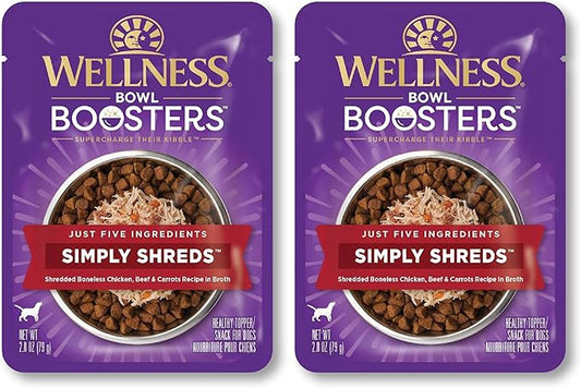 Wellness Bowl Boosters Simply Shreds Wet Dog Food Topper for Small,Medium,& Large Breeds,Grain Free,Natural,Chicken,Beef & Carrots,2.8 Ounce Pouch,(Pack of 24)