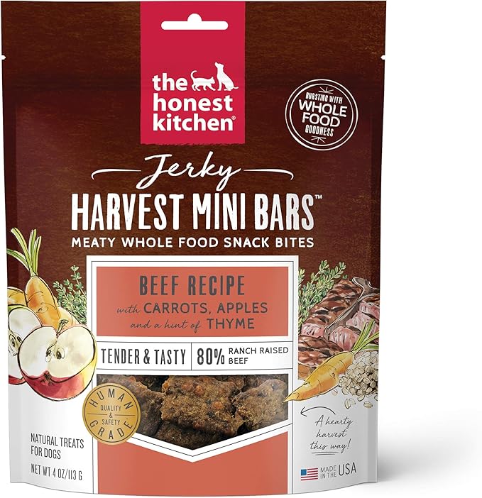 The Honest Kitchen Human Grade Dog Food Jerky Harvest Mini Bars: Beef Recipe With Carrots & Apples, 4 oz Bag