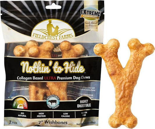 Fieldcrest Farms Nothin' to Hide Collagen-Based Dog Chews, Wishbone, Beef Flavor, Ultra-Premium, for Dogs Over 50lbs, Easily Digestible, Supports Skin, Coat, Joints & Muscles, 7-Inch, 2 Pieces