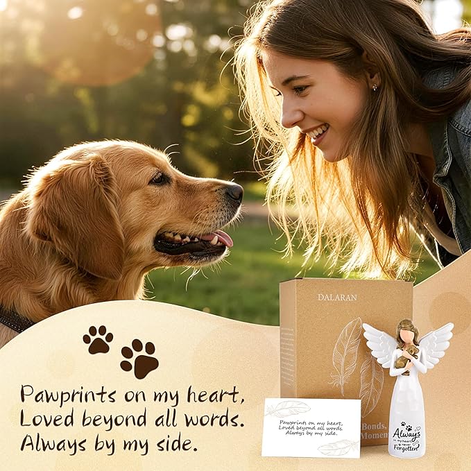 DALARAN Hand-Painted Angel Memorial Statue, Sympathy Gift for Loss of Dog with “Always in My Heart” Inscription, 14cm Remembrance Keepsake for Home Décor
