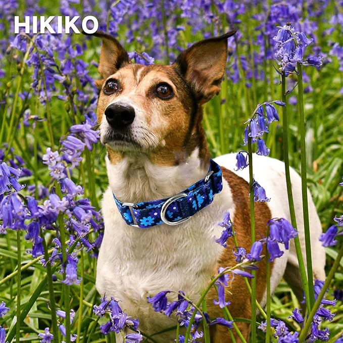 Hikiko 1.5 inch Martingale Collar with No Buckle Heavy Duty Floral Dog Collar for Medium Large Dogs,Navy Blue Flower
