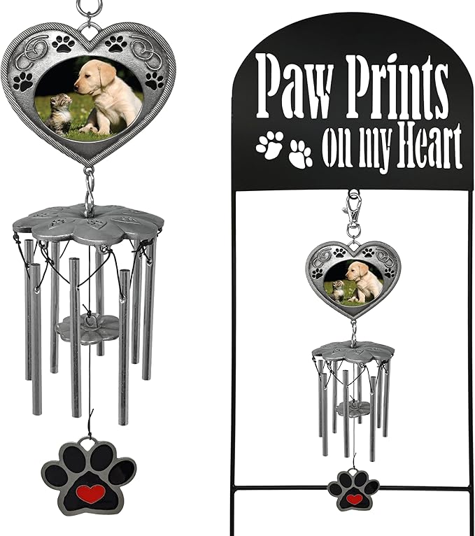 Pet Memorial - Garden Marker with Wind Chimes and Photo Frame- Black Wrought Iron Garden Stake and Windchime - Paw Prints on My Heart - Dog or Cat Loss Gift - Pet Memorial Gifts - 22.5" H
