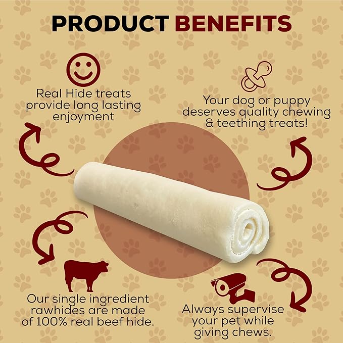 | All Natural Dog Chew Treats - Premium Rawhide Rolls, 5-6 Inch - Long Lasting Grass Fed Free Range Beef Hide - Small/Medium Dogs - 16 Count
