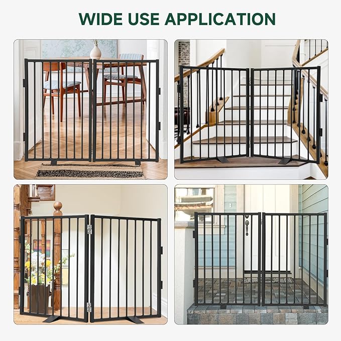 Snagle Paw Full Metal Freestanding Dog Gate,Indoor Pet Gate with Floor Protect Support Feet, 40x32Inches Foldable Dog Fence for Stairs, Hallways and Doorways (32'' H 2 Panel, Black