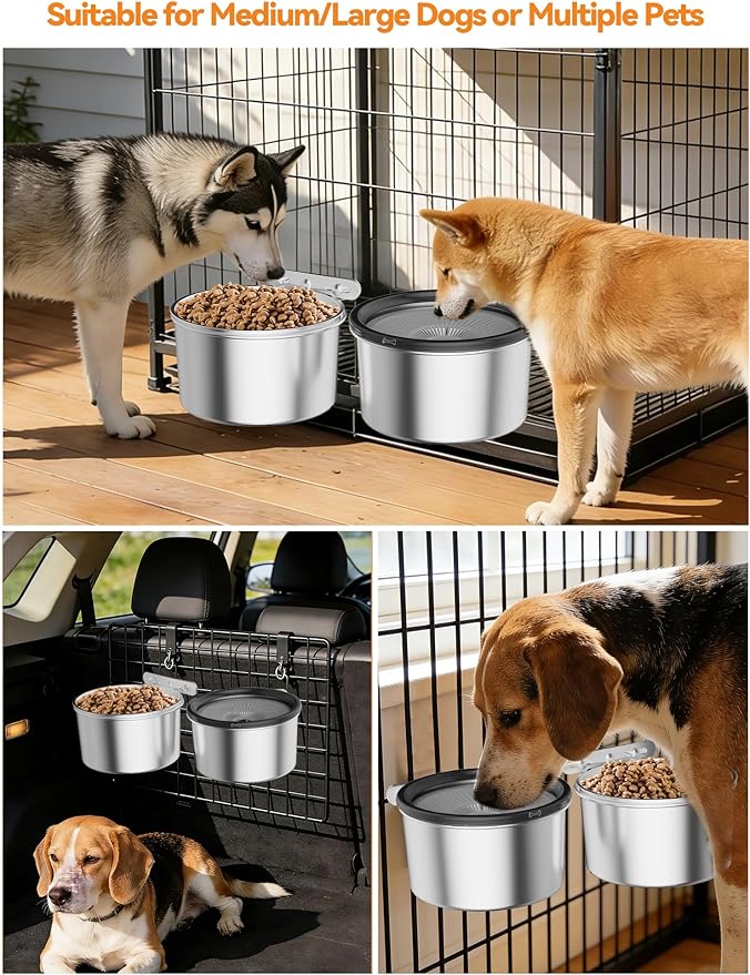 2PCS Spill Proof Dog Crate Water Bowl and Food Bowl Set, 2.5L Stainless Steel Dog Bowls for Cage, Kennel, Slow Drinking Dog Water Bowl for Large/Medium Pets, Hanging Pet Bowls