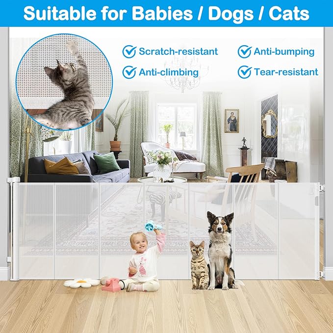 Reinforced 42" Extra Tall X 100" Extra Wide Baby Gate for Large Openings Stop Babies and Pets from Drilling Through Retractable Baby Gates Extra Tall Retractable Dog Gate No Sagging Retractable Gate