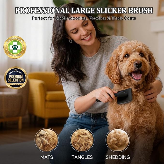 Large Slicker Brush for Dogs, 4-in-1 Beech Wood Long Pin Dog Brush Grooming Kit for Pets, Professional Deshedding Brush Set for Doodles,Goldendoodles & Thick Coats, Black