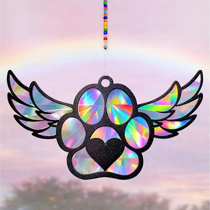 Dog Loss Sympathy Gift with Card, Memorial Gifts for Loss of Dog, Angel Pet Memorial Suncatcher, Rainbow Bridge for Loss - Winged Paw Shape