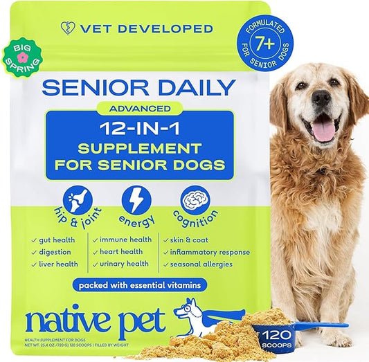 Native Pet Senior Daily Dog Vitamins & Supplements – 12-in-1 Dog Multivitamin Powder for Senior Dogs – Supports Mobility, Cognition, Digestion, Immune Health & More – 120 Scoops